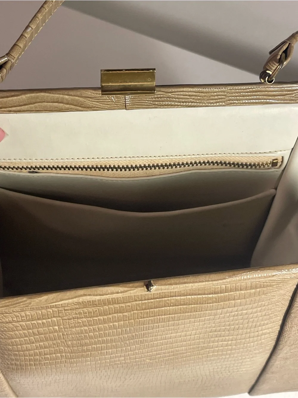 Vintage 1950s 1960s Taupe Lizard Embossed Handbag Purse Top Handle Talon Zipper
